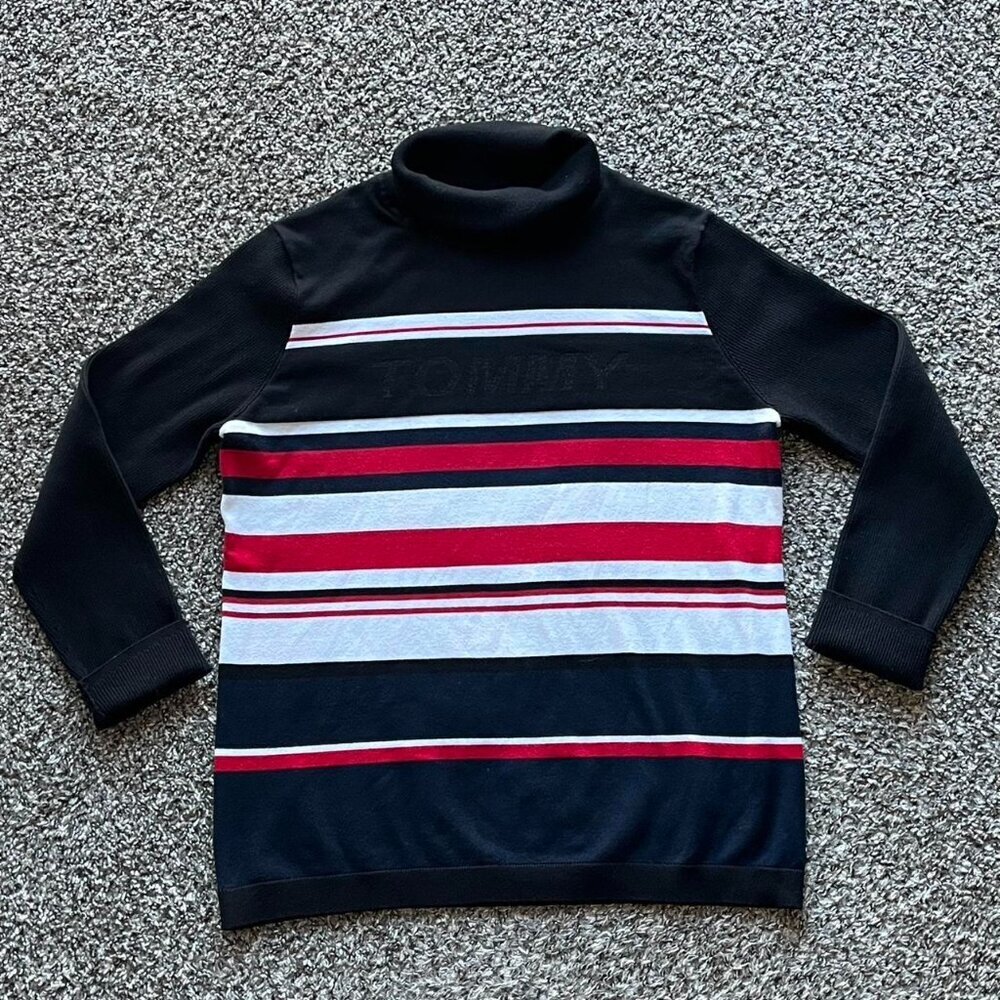 Tommy Hilfiger Turtleneck Sweater Womens XL Black/Red Striped Cotton Long Sleeve